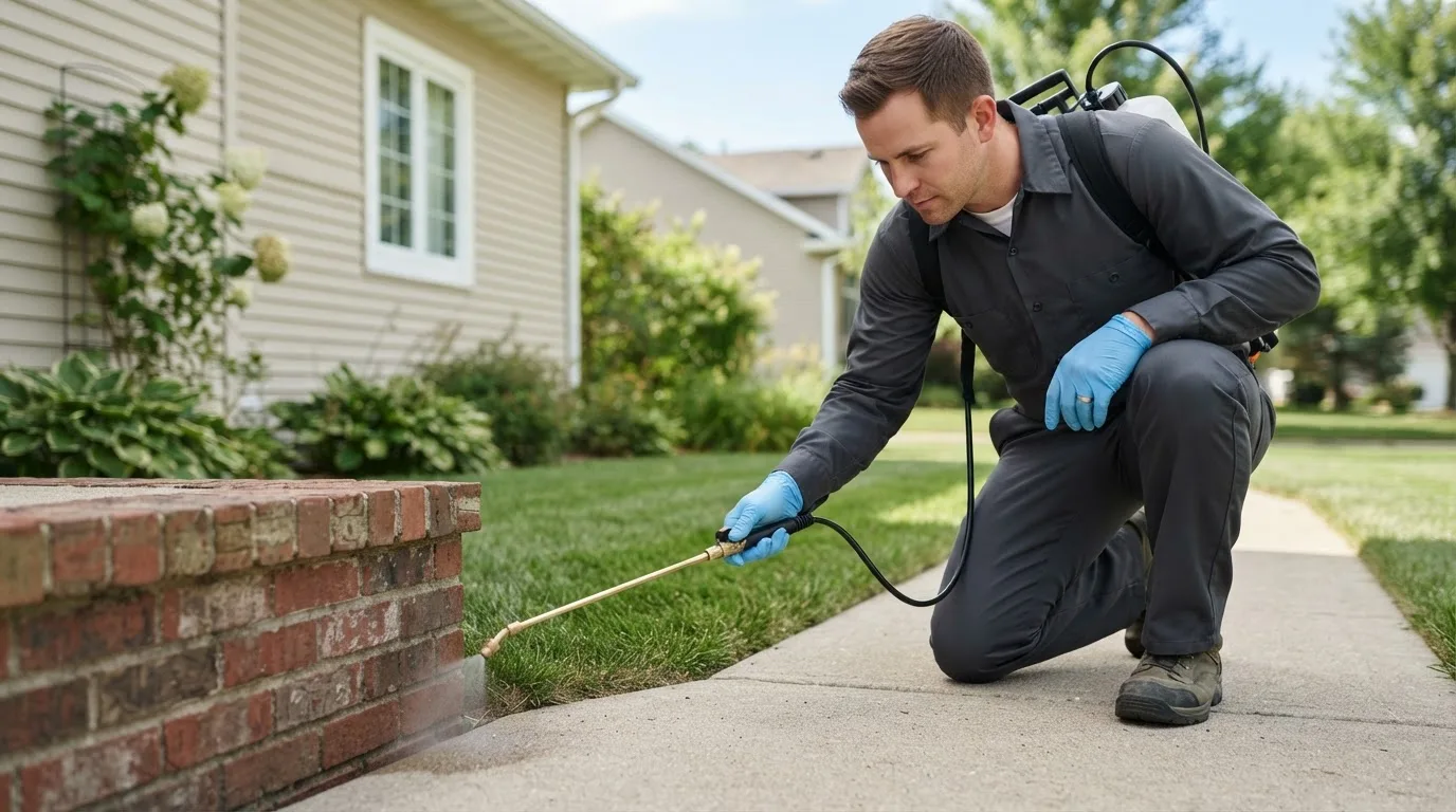 Pest control technician treating a home near Nashua, IA