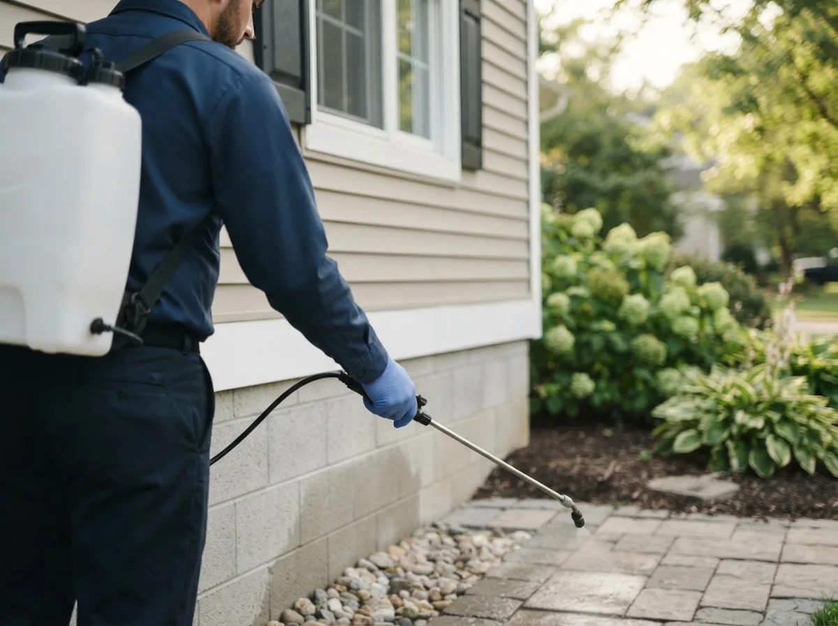 Pest control technician inspecting a home in Nashua, IA